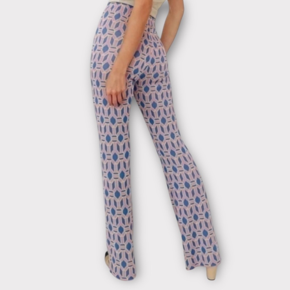 Zara High Rise Blue and Pink Retro Patterned Stretch Knit Pants Size Small